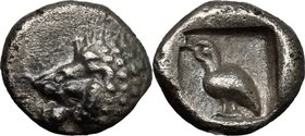 Greek Asia.Ionia, Miletos.AR Tetartemorion, late 6th-early 5th century BC.D/ Head of a roaring lion left.R/ Eagle standing left.SNG Tübingen 3001; Kle...