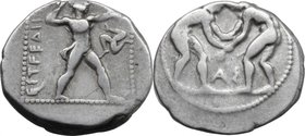 Greek Asia.Pamphylia, Aspendos.AR Stater, c. 370-330 BC.D/ Slinger standing right; to right, triskeles; all within pelleted square border.R/ Two wrest...