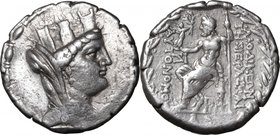 Greek Asia.Seleukis and Pieria, Laodicea ad Mare.AR Tetradrachm, 65-64 BC.D/ Head of Tyche right, turreted, veiled.R/ Zeus enthroned left, holding Nik...