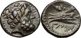 Greek Asia.Phoenicia, Arados.AE 16 mm, c. 206-51 BC.D/ Head of Zeus right.R/ Ram of prow left; date below.HGC 10, 88.AE.g. 3.80 mm. 16.00Superb glossy...