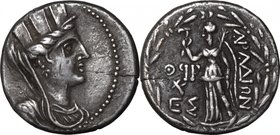 Greek Asia.Phoenicia, Arados.AR Tetradrachm, 61-60 BC.D/ Bust of Tyche right, turreted, veiled, draped.R/ Nike standing left, holding aphlastrom and p...
