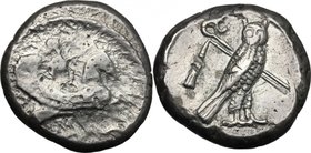 Greek Asia.Phoenicia, Tyre.AR Shekel, c. 400-332 BC.D/ Deity (Melkart?), holding arrow and bow, riding winged hippocamp right over waves; [below, dolp...