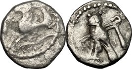 Greek Asia.Phoenicia, Tyre.AR Obol, c. 400-332 BC.D/ Hippocamp left above dolphin.R/ Owl standing left, head facing, crook and flail over shoulder.SNG...
