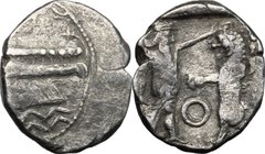Greek Asia.Judaea.AR Obol, Samaria mint, 380-322 BC.D/ Galley.R/ Persian king standing right, holding dagger to stab a lion held by the head.Hendin 10...
