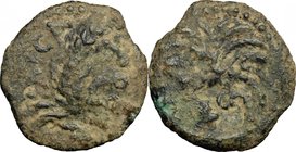 Greek Asia.Judaea.Augustus (27 BC - 14 AD).AE Prutah, struck under Coponius or Marcus Ambibulus.D/ KAICAPOC. Ear of grain curved to right.R/ Palm tree...