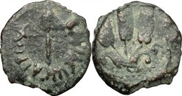 Greek Asia.Judaea.Agrippa I (37-44).Prutah, Jerusalem year 6 (41/42).D/ Umbrella-like canopy with fringes.R/ 'Year 6'. Three ears of barley and leaves...