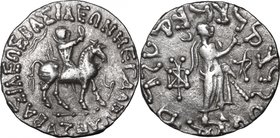 Greek Asia.Indo-Skythians.Azes I (58-35 BC) or Azes II (35-12 BC).AR Tetradrachm, 58-12 BC.D/ King on horseback right, raising right hand.R/ Zeus stan...