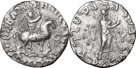 Greek Asia.Indo-Skythians.Azes II (35-12 BC).AR Tetradrachm, 35-12 BC.D/ King o n horseback right, raising right hand.R/ Poseidon standing right, rais...