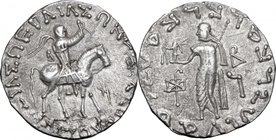 Greek Asia.Indo-Skythians.Azes II (35-12 BC).AR Tetradrachm, 35-12 BC.D/ King on horseback right, raising right hand.R/ Zeus standing left, holding Ni...