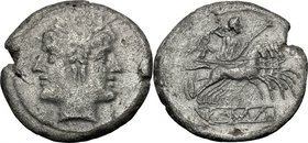 Anonymous.'AR' debased Quadrigatus, 222-215 BC.D/ Laureate head of Janus.R/ Jupiter in quadriga driven by Victory right; below, ROMA in relief in line...