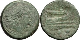 Anonymous.AE Sextans, 217-215 BC.D/ Head of Mercury right.R/ Prow right.Cr. 38/5.AE.g. 24.20 mm. 29.00Green patina.About VF.