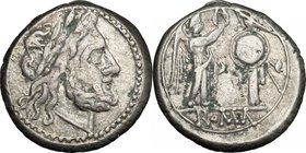 Anonymous.AR Victoriatus, after 218 BC.D/ Head of Jupiter right, laureate.R/ Victory right, crowning trophy.Cr. 44/1.AR.g. 3.49 mm. 16.50Fine light pa...