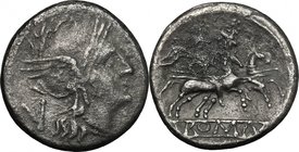Anonymous.AR Quinarius, after 211 BC.D/ Helmeted head of Roma right; behind, V.R/ The Dioscuri galloping right; in exergue, ROMA.Cr. 47/1a.AR.g. 2.02 ...