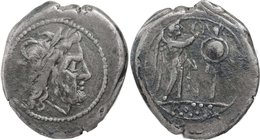 Anonymous issue.AR Victoriatus, after 211 BC.D/ Head of Jupiter right, laureate.R/ Victory standing right, crowning trophy.Cr. 53/1.AR.g. 3.04 mm. 18....