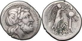 VB series.AR Victoriatus, 211-208 BC.D/ Laureate head of Jupiter right.R/ Victory standing right, crowning trophy; between, VB ligate; in exergue, ROM...