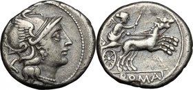 Anonymous issue.AR Denarius, 157-156 BC.D/ Head of Roma right, helmeted.R/ Victory in biga right, holding reins and goad.Cr. 197/1a.AR.g. 4.10 mm. 17....