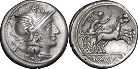 Anonymous issue.AR Denarius, 157-156 BC.D/ Head of Roma right, helmeted.R/ Victory in biga right, holding reins and goad.Cr. 197/1a.AR.g. 3.68 mm. 18....