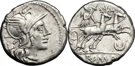 Anonymous.AR Denarius, 143 BC.D/ Head of Roma right, helmeted.R/ Diana in biga of stags right, holding reins and torch; below, crescent.Cr. 222/1.AR.g...