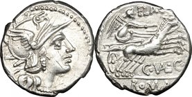 C. Valerius C.f. Flaccus.AR Denarius, 140 BC.D/ Head or Roma right, helmeted.R/ Victory in biga right, holding reins and whip.Cr. 228/2. B.7.AR.g. 4.0...