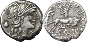 Sex. Pompeius Fostlus.AR Denarius, 137 BC.D/ Head of Roma right, helmeted; behind, jug.R/ She-wolf suckling twins; behind, ficus Ruminalis; in left fi...