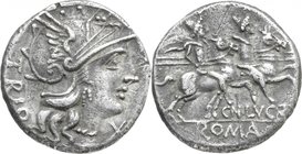 Cn. Lucretius Trio.AR Denarius, 136 BC.D/ Head of Roma right, helmeted.R/ The Dioscuri galloping right.Cr. 237/1.AR.g. 3.77 mm. 18.00Good VF.