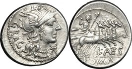 L. Antestius Gragulus.AR Denarius, 136 BC.D/ Head of Roma right, helmeted.R/ Jupiter in fast quadriga right, hurling thunderbolt and holding sceptre.C...