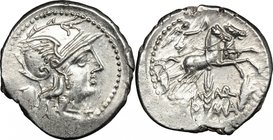 M. Marcius Mn. f.AR Denarius, 134 BC.D/ Head of Roma right, helmeted; behind, modius.R/ Victory in biga right, holding reins and whip; below, two corn...