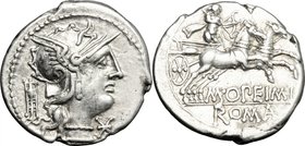 M. Opimius.AR Denarius, 131 BC.D/ Head of Roma right, helmeted; behind, tripod.R/ Apollo in biga right; holding bow, arrow and reins; with quiver on s...