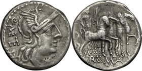 Q. Caecilius Metellus.AR Denarius, 130 BC.D/ Head of Roma right, helmeted.R/ Jupiter in quadriga right; holding reins, thunderbolt and branch.Cr. 256/...