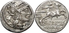 Q. Marcius Philippus.AR Denarius, 129 BC.D/ Head of Roma right, helmeted.R/ Horseman right, holding spear; behind, helmet with goat's horns.Cr. 259/1....