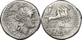 Q. Fabius Labeo.AR Denarius, 124 BC.D/ Head of Roma right, helmeted.R/ Jupiter in quadriga right, holding sceptre and reins and hurling thunderbolt.Cr...
