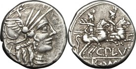 C. Plutius.AR Denarius, 121 BC.D/ Helmeted head of Roma right; behind, X.R/ The Dioscuri galloping right; below, C. PLVTI; in exergue, ROMA.Cr. 278/1;...