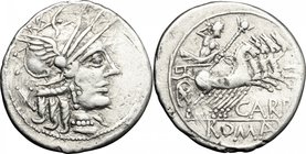 Cn. Papirius Carbo.AR Denarius, 121 BC.D/ Head of Roma right, helmeted.R/ Jupiter in quadriga right; holding reins and sceptre; hurling thunderbolt.Cr...