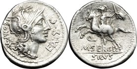 M. Sergius Silus.AR Denarius, 116-115 BC.D/ Head of Roma right, helmeted.R/ Horseman prancing left; holding sword and severed head.Cr. 286/1.AR.g. 3.9...