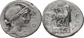 Mn. Aemilius Lepidus.AR Denarius, 114-113 BC.D/ Female bust right, laureate, diademed, draped.R/ Equestrian statue on top of an arch with three openin...