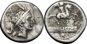 Q. Marcius Philippus.AR Denarius, 113-112 BC.D/ Head of Philip V of Macedon right, wearing helmet with goat's horns.R/ Equestrian statue right.Cr. 293...