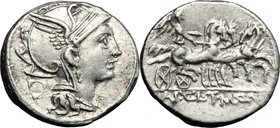 Appius Claudius Pulcher, T. Manlius Mancinus and Q. Urbinius.AR Denarius, 111-110 BC.D/ Head of Roma right, helmeted.R/ Victory in triga right; holdin...
