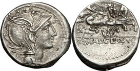 Appius Claudius Pulcher, T. Manlius Mancinus and Q. Urbinius.AR Denarius, 111-110 BC.D/ Head of Roma right, helmeted.R/ Victory in triga right.Cr. 299...