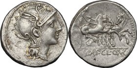 Appius Claudius Pulcher, T. Manlius Mancinus and Q. Urbinius.AR Denarius, 111-110 BC.D/ Head of Roma right, helmeted.R/ Victory in triga right.Cr. 299...