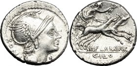 L. Flaminius Chilo.AR Denarius, 109-108 BC.D/ Head of Roma right, helmeted.R/ Victory in biga right, holding reins and wreath.Cr. 302/1.AR.g. 3.95 mm....