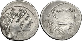 Mn. Fonteius.AR Denarius, 108-107 BC.D/ Jugate and laureate heads of Dioscuri right; below their chins, X.R/ Ship right; above, MN FONTEI; below, [con...