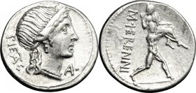 M. Herennius.AR Denarius, 108-107 BC.D/ Head of Pietas right, diademed.R/ One of the Catanaean brothers running right; bearing his father on his shoul...