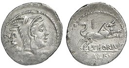 L. Thorius Balbus.AR Denarius, 105 BC.D/ Head of Juno Sospita right, wearing goat's skin.R/ Bull charging right.Cr. 316/1. B. 1.AR.g. 3.79Marginal wea...