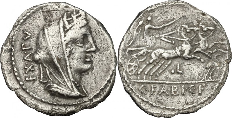 C. Fabius C. f. Hadrianus.AR Denarius, 102 BC.D/ Bust of Cybele right, wearing t...
