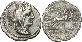 C. Fabius C. f. Hadrianus.AR Denarius, 102 BC.D/ Bust of Cybele right, wearing turreted crown and veil; behind, EX.A.PV.R/ Victory in biga right, hold...