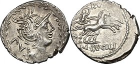 M. Lucilius Rufus.AR Denarius, 101 BC.D/ Helmeted head of Roma right; behind, PV; all within wreath.R/ Victory in biga right; above, RVF; in exergue, ...