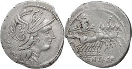 L. Sentius C.f.AR Denarius, 101 BC.D/ Head of Roma right, helmeted.R/ Jupiter in quadriga right, holding scepter, thunderbolt and reins.Cr. 325/1.AR.g...