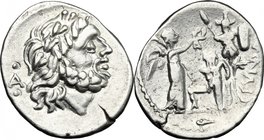 C. Fundanius.AR Quinarius, 101 BC.D/ Head of Jupiter right, laureate.R/ Victory standing right, crowning trophy; between, captive kneeling left.Cr. 32...