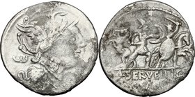 M. Servilius C.f.Fourrée Denarius, 100 BC.D/ Helmeted head of Roma right; behind, Greek letter omega.R/ Two soldiers fighting on foot, their horses in...