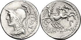P. Servilius Rullus.AR Denarius, 100 BC.D/ Bust of Minerva left,wearing Corinthian helmet and aegis.R/ Victory in biga right, holding palm-branch and ...